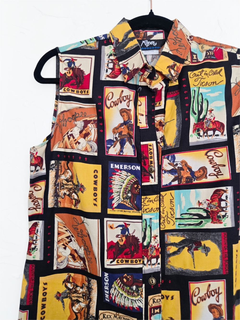 Vintage Roper Southwest Cowboy Rodeo Colorful Button Up Sleeveless Top, M